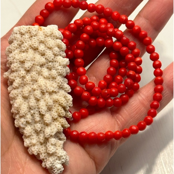 Red Coral Beaded Necklace + Large White Coral Pendant - Picture 6 of 13
